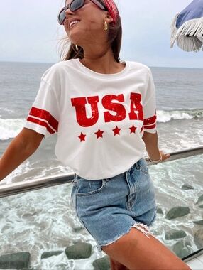 Show Me Your MuMu Airport Tee In USA Graphic Sporty Red Stripe Sleeves